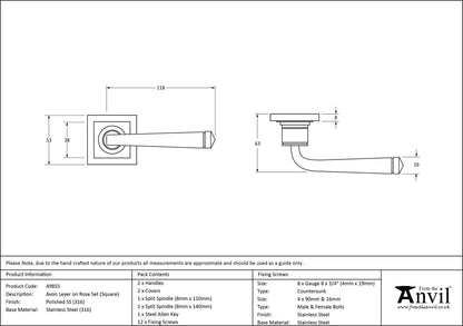 AVON LEVER HANDLE+ROSE SPRUNG SQUARE 53x118x63 PMA - 49855 by MARCHES (ANVIL) ARCHITECTURAL HARDWARE