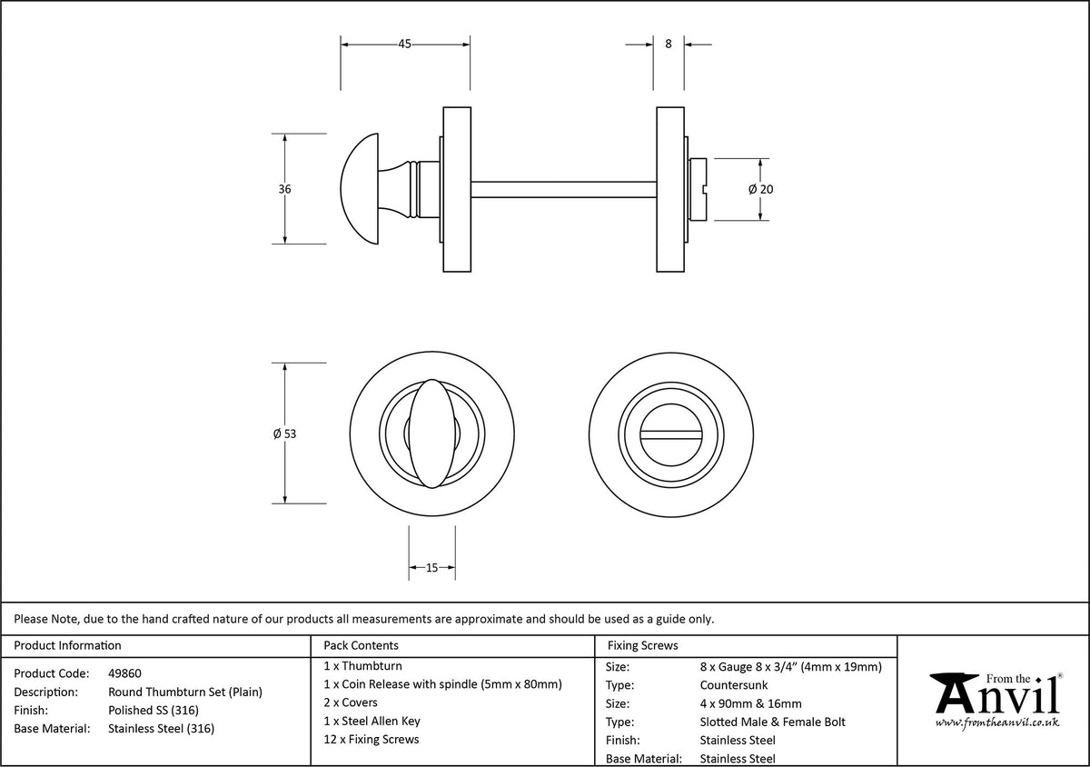 THUMBTURN SET ROUND CNC PLAIN 53x45 PMA - 49860 by MARCHES (ANVIL) ARCHITECTURAL HARDWARE