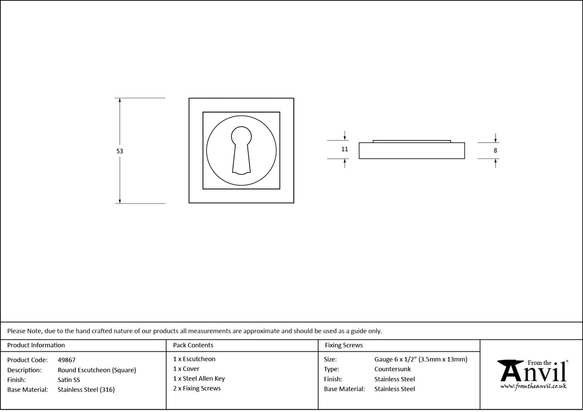 ESCUTCHEON ROUND CNC SQUARE 53x53x8 SMA - 49867 by MARCHES (ANVIL) ARCHITECTURAL HARDWARE