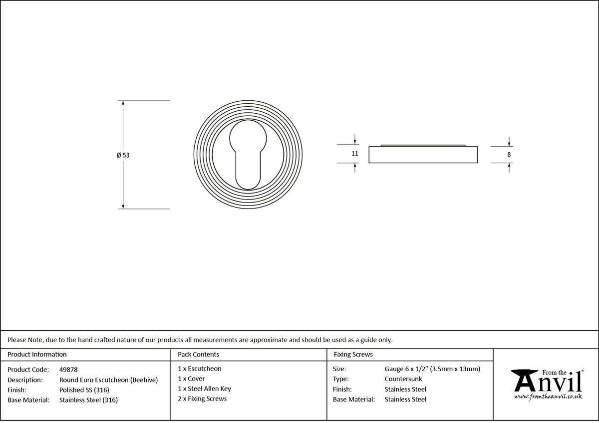 ESCUTCHEON ROUND EURO CNC BEEHIVE 53x8 PMA - 49878 by MARCHES (ANVIL) ARCHITECTURAL HARDWARE