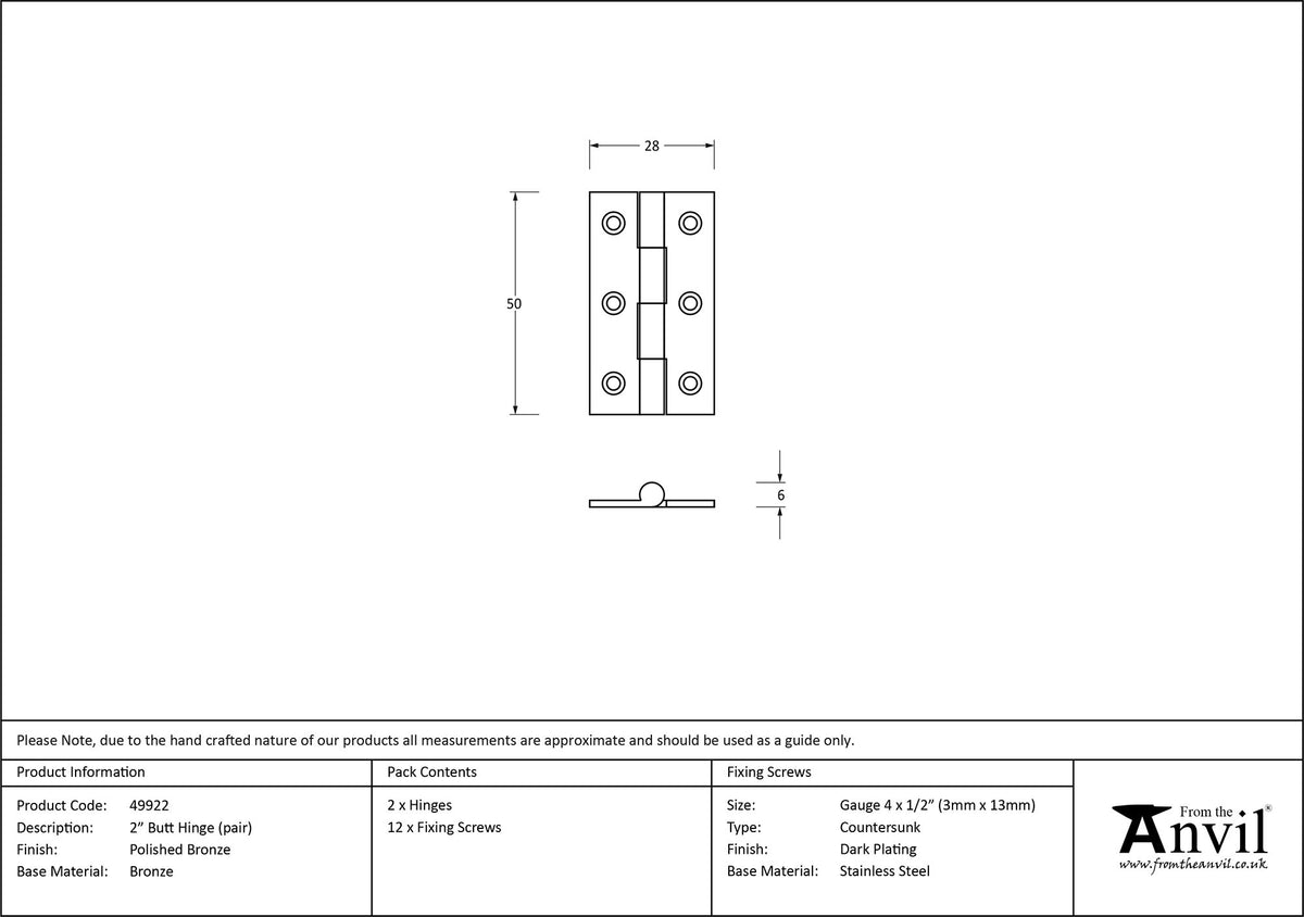 BUTT HINGE PR 50x28x6 PBZ - 49922 by MARCHES (ANVIL) ARCHITECTURAL HARDWARE