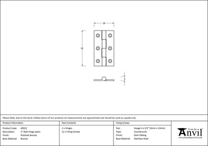 BUTT HINGE PR 50x28x6 PBZ - 49922 by MARCHES (ANVIL) ARCHITECTURAL HARDWARE