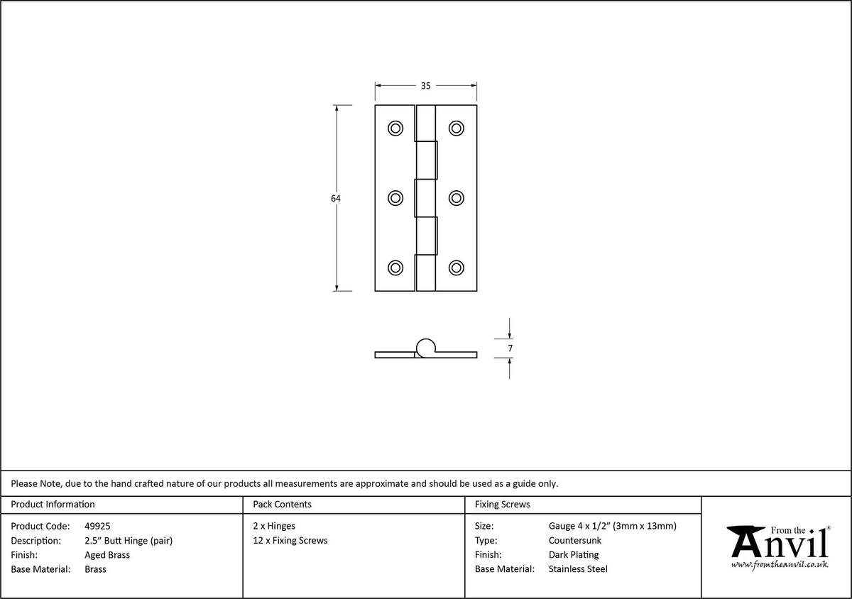 BUTT HINGE PR 64x35x7 AGBR - 49925 by MARCHES (ANVIL) ARCHITECTURAL HARDWARE