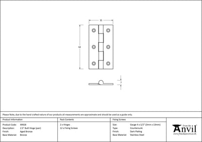 BUTT HINGE PR 64x35x7 AGBZ - 49928 by MARCHES (ANVIL) ARCHITECTURAL HARDWARE