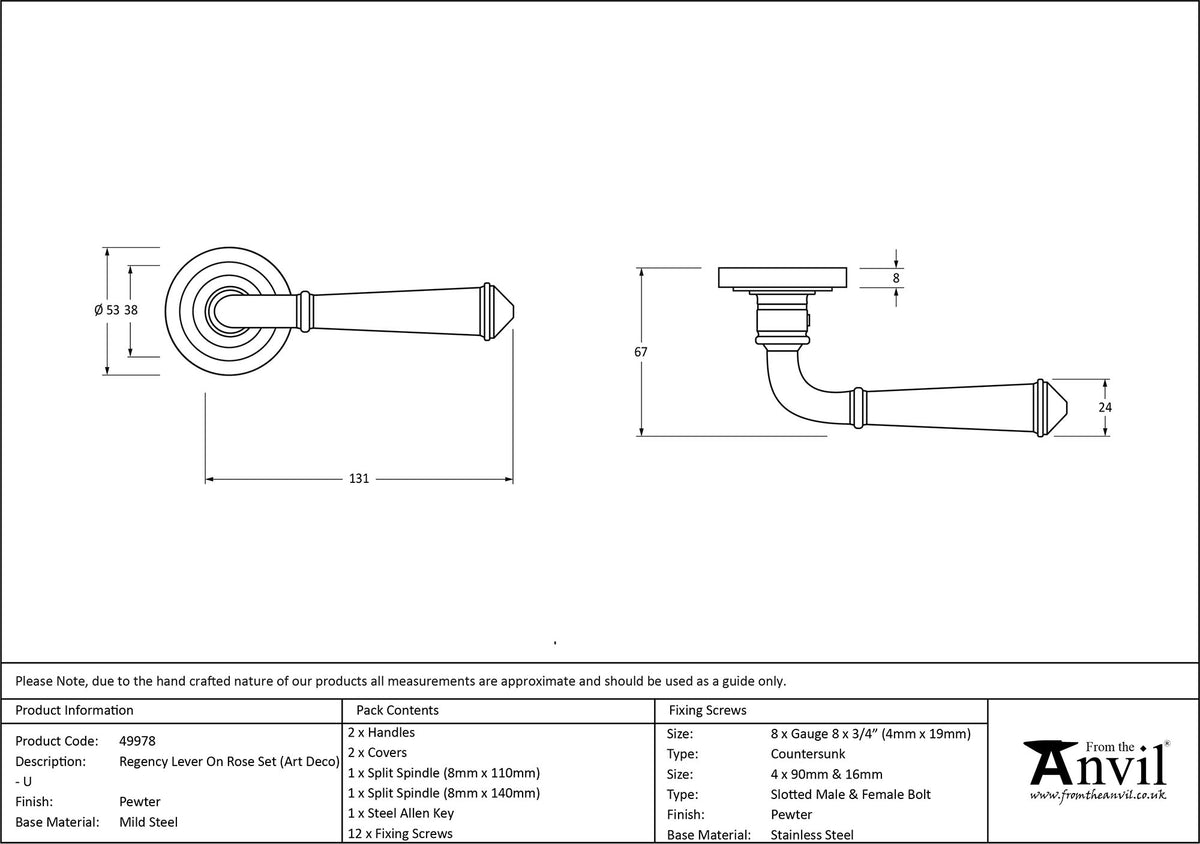 REGENCY LEVER HANDLE+ROSE ART DECO 131x53x67 PEW - 49978 by MARCHES (ANVIL) ARCHITECTURAL HARDWARE