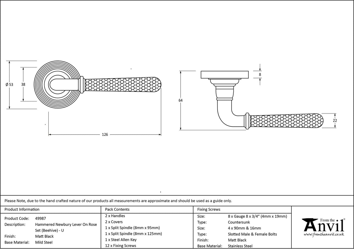 HAMMERED NEWBURY LEVER HANDLE+ROSE UNSPRUNG BEEHIVE 126x53x64 MBK - 49987 by MARCHES (ANVIL) ARCHITECTURAL HARDWARE