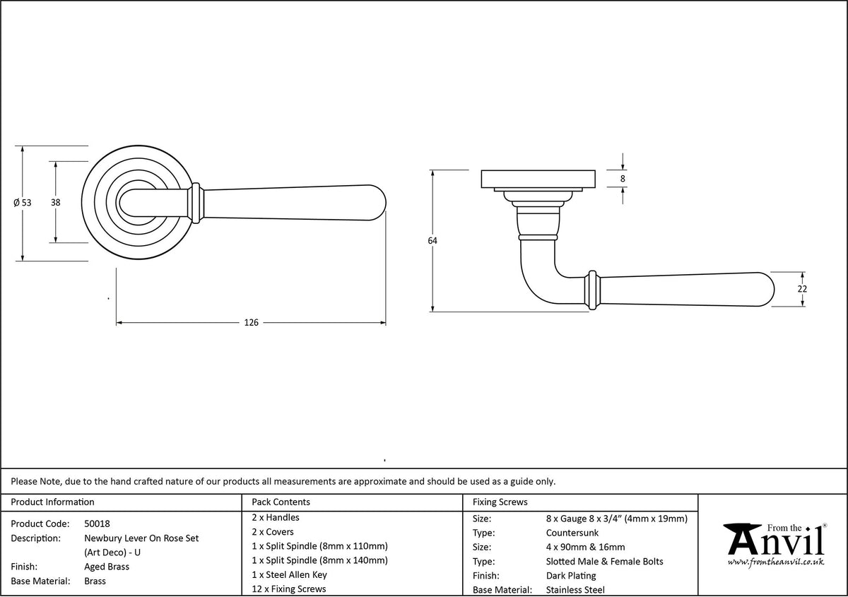 NEWBURY LEVER HANDLE+ROSE UNSPRUNG ART DECO 126x53x64 AGBR - 50018 by MARCHES (ANVIL) ARCHITECTURAL HARDWARE