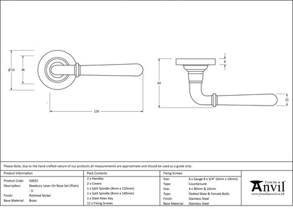 NEWBURY LEVER HANDLE+ROSE UNSPRUNG PLAIN 126x53x64 PNP - 50025 by MARCHES (ANVIL) ARCHITECTURAL HARDWARE