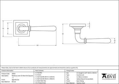 NEWBURY LEVER HANDLE+ROSE UNSPRUNG SQUARE 126x53x64 AGBZ - 50032 by MARCHES (ANVIL) ARCHITECTURAL HARDWARE