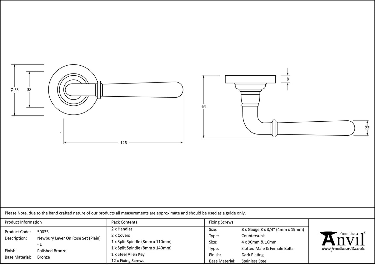 NEWBURY LEVER HANDLE+ROSE UNSPRUNG PLAIN 126x53x64 PBZ - 50033 by MARCHES (ANVIL) ARCHITECTURAL HARDWARE