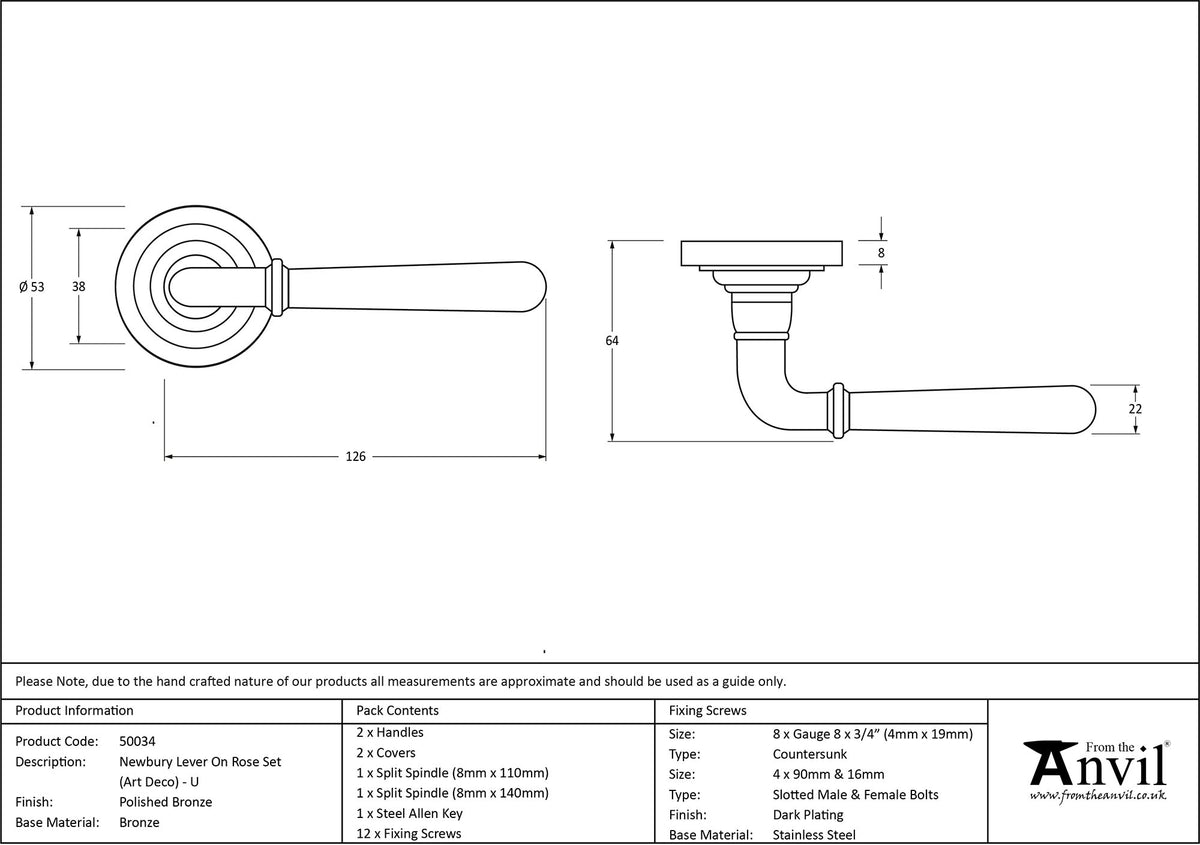 NEWBURY LEVER HANDLE+ROSE UNSPRUNG ART DECO 126x53x64 PBZ - 50034 by MARCHES (ANVIL) ARCHITECTURAL HARDWARE