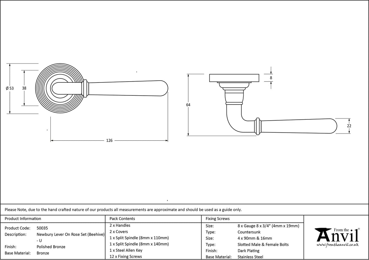 NEWBURY LEVER HANDLE+ROSE UNSPRUNG BEEHIVE 126x53x64 PBZ - 50035 by MARCHES (ANVIL) ARCHITECTURAL HARDWARE