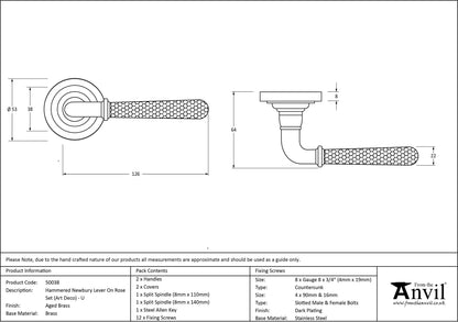 HAMMERED NEWBURY LEVER HANDLE+ROSE UNSPRUNG ART DECO 126x53x64 AGBR - 50038 by MARCHES (ANVIL) ARCHITECTURAL HARDWARE