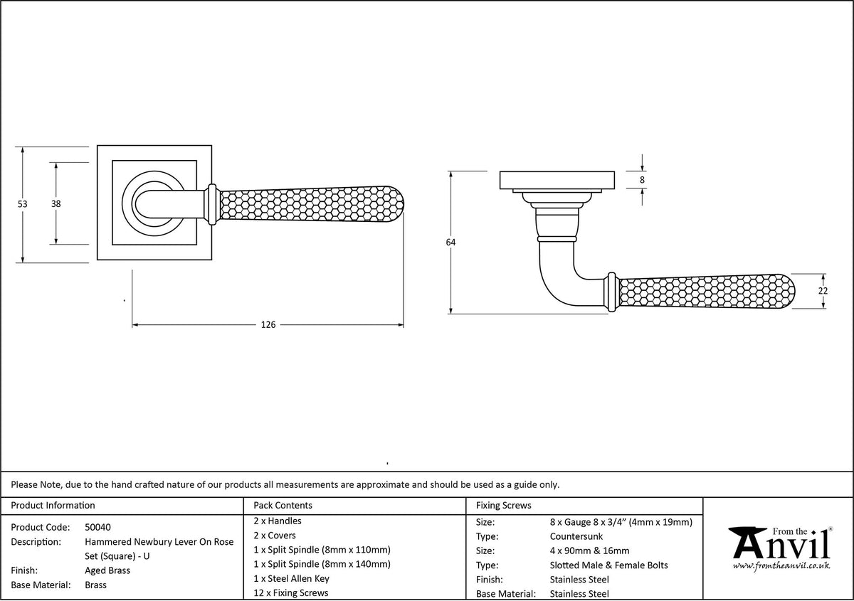 HAMMERED NEWBURY LEVER HANDLE+ROSE UNSPRUNG SQUARE 126x53x64 AGBR - 50040 by MARCHES (ANVIL) ARCHITECTURAL HARDWARE