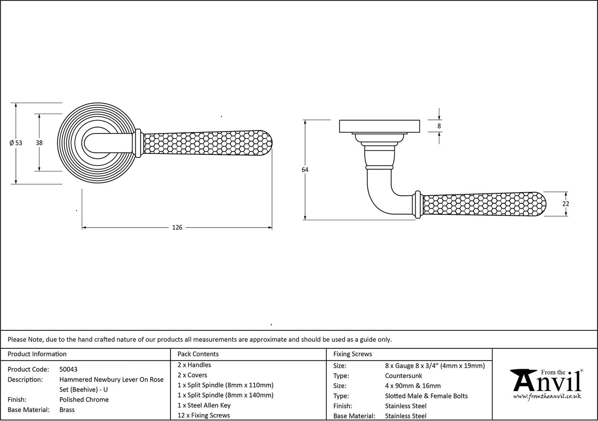 HAMMERED NEWBURY LEVER HANDLE+ROSE UNSPRUNG BEEHIVE 126x53x64 PCP - 50043 by MARCHES (ANVIL) ARCHITECTURAL HARDWARE