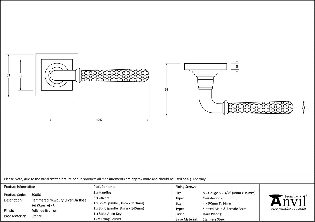 HAMMERED NEWBURY LEVER HANDLE+ROSE UNSPRUNG SQUARE 126x53x64 PBZ - 50056 by MARCHES (ANVIL) ARCHITECTURAL HARDWARE