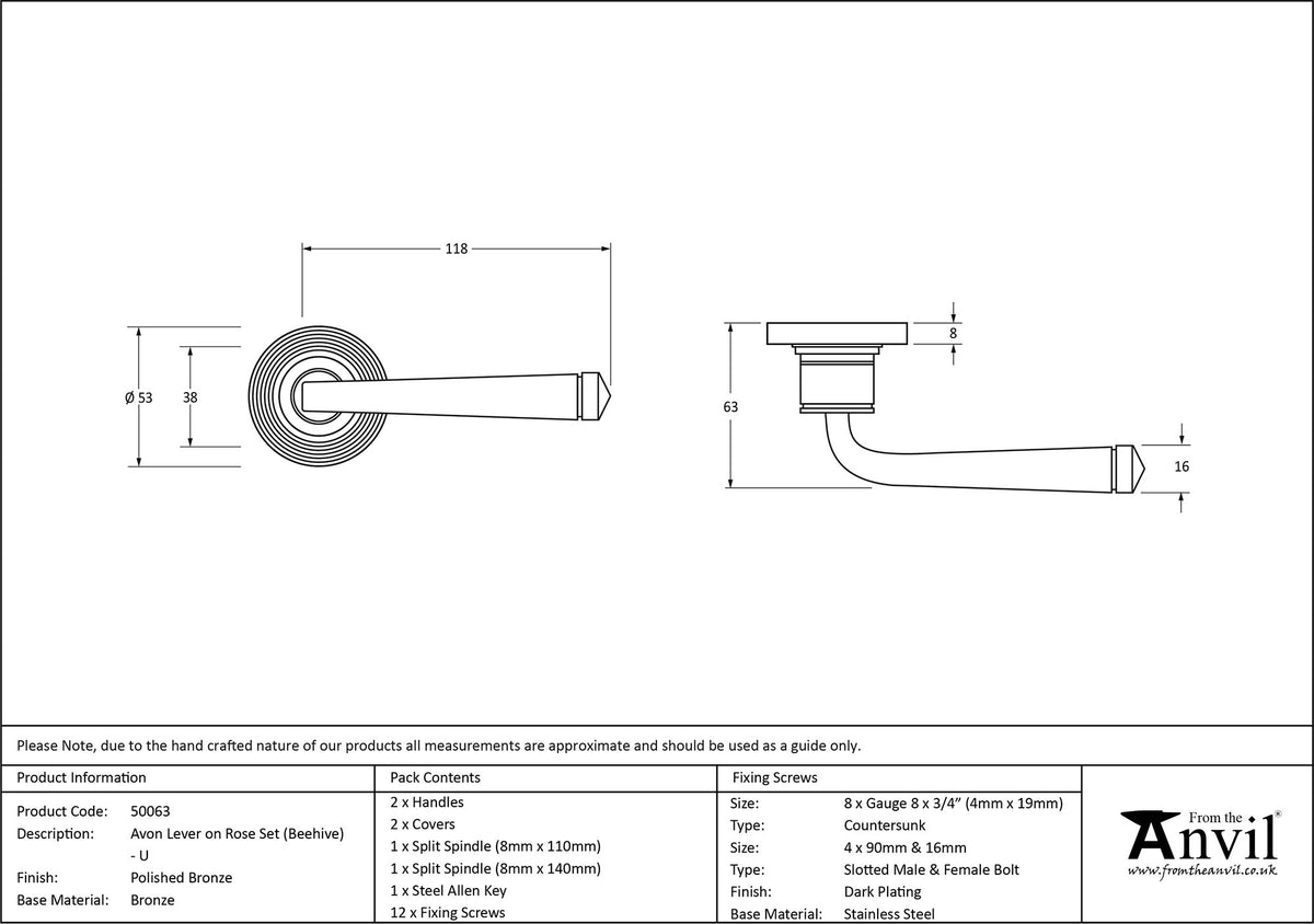 AVON LEVER HANDLE+ROSE UNSPRUNG BEEHIVE 53x118x63 PBZ - 50063 by MARCHES (ANVIL) ARCHITECTURAL HARDWARE
