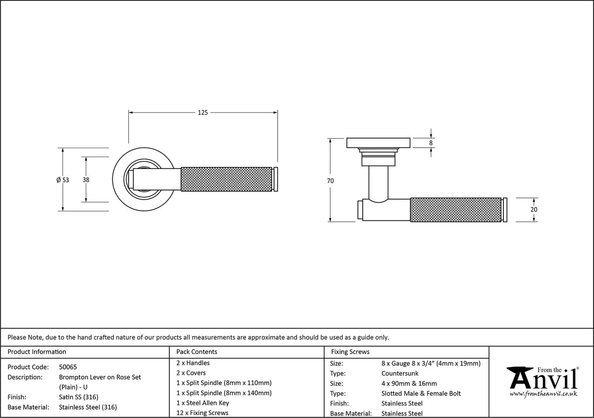 BROMPTON LEVER HANDLE+ROSE UNSPRUNG PLAIN 125x53x70 SMA - 50065 by MARCHES (ANVIL) ARCHITECTURAL HARDWARE
