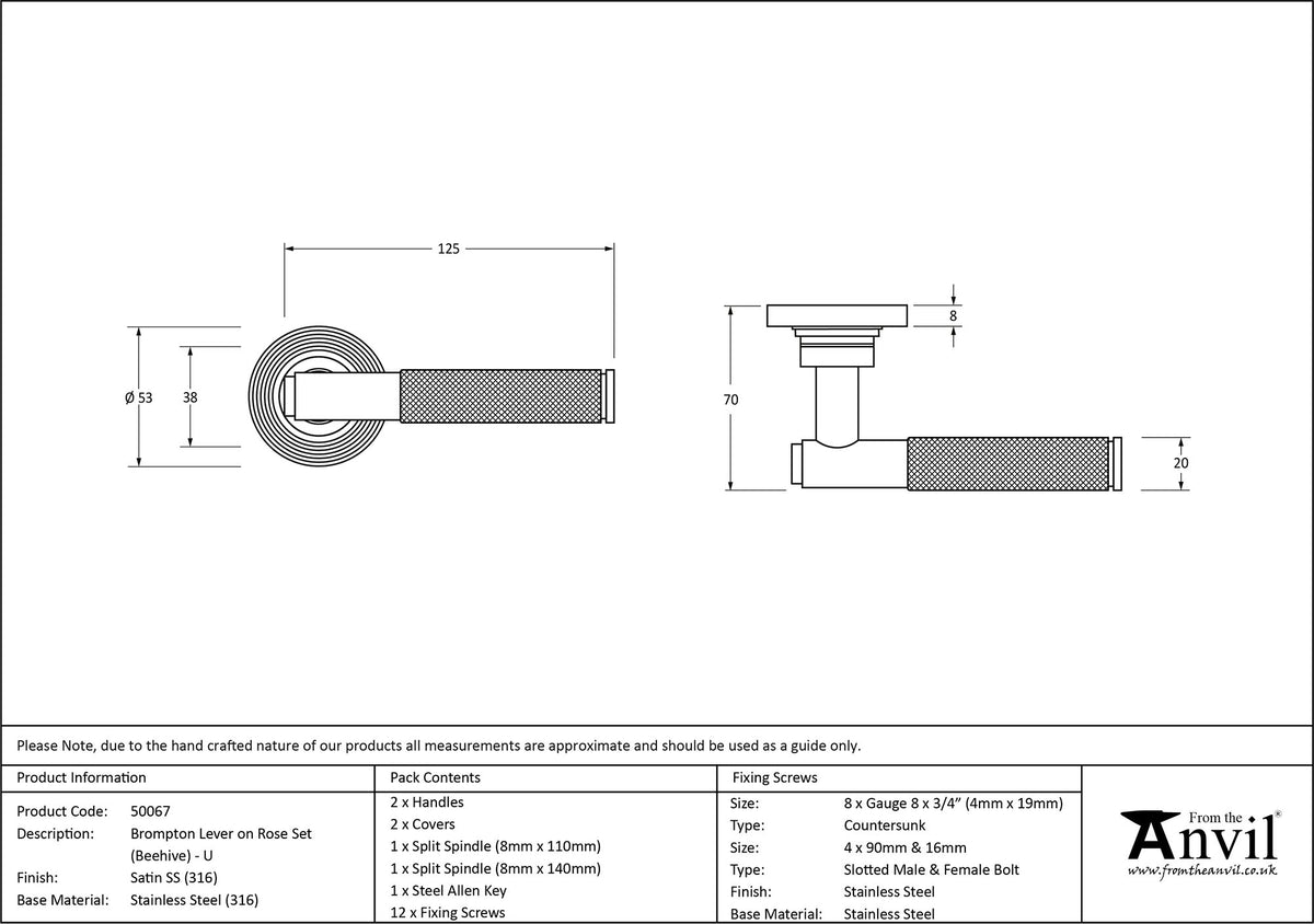 BROMPTON LEVER HANDLE+ROSE UNSPRUNG BEEHIVE 125x53x70 SMA - 50067 by MARCHES (ANVIL) ARCHITECTURAL HARDWARE