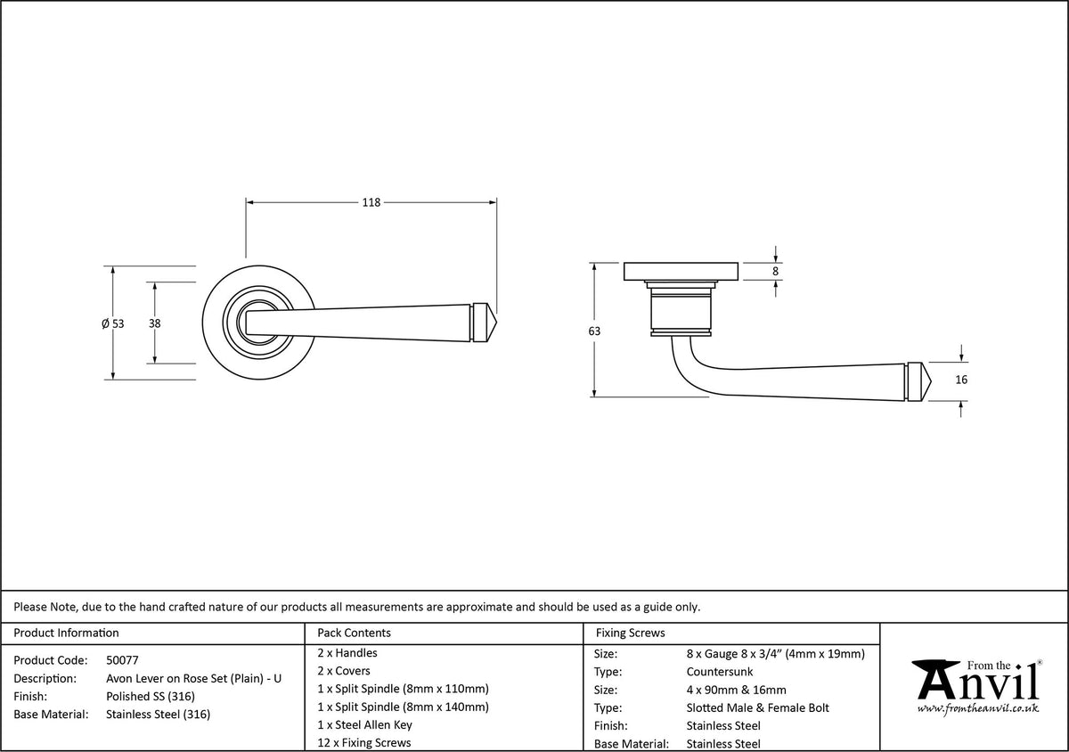 AVON LEVER HANDLE+ROSE UNSPRUNG PLAIN 53x118x63 PMA - 50077 by MARCHES (ANVIL) ARCHITECTURAL HARDWARE