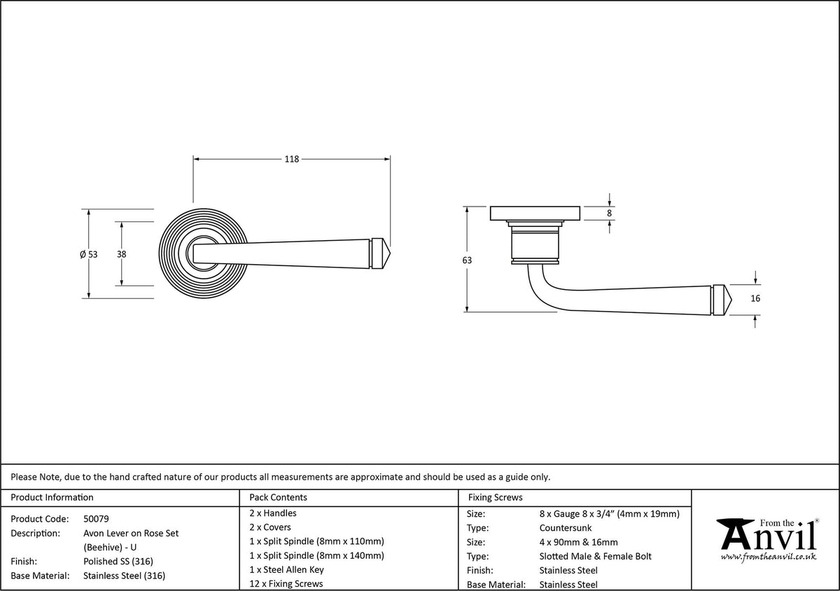 AVON LEVER HANDLE+ROSE UNSPRUNG BEEHIVE 53x118x63 PMA - 50079 by MARCHES (ANVIL) ARCHITECTURAL HARDWARE