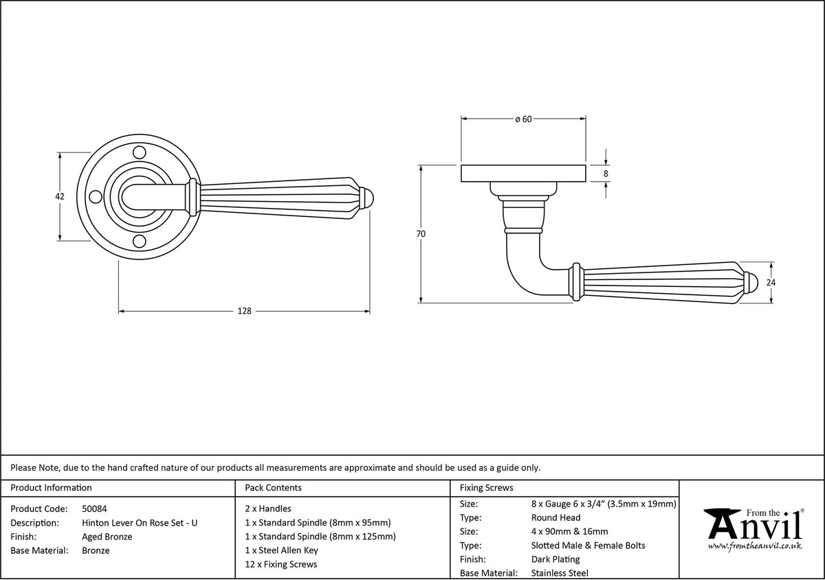 HINTON LEVER HANDLE+ROSE UNSPRUNG 128x60x70 AGBZ - 50084 by MARCHES (ANVIL) ARCHITECTURAL HARDWARE