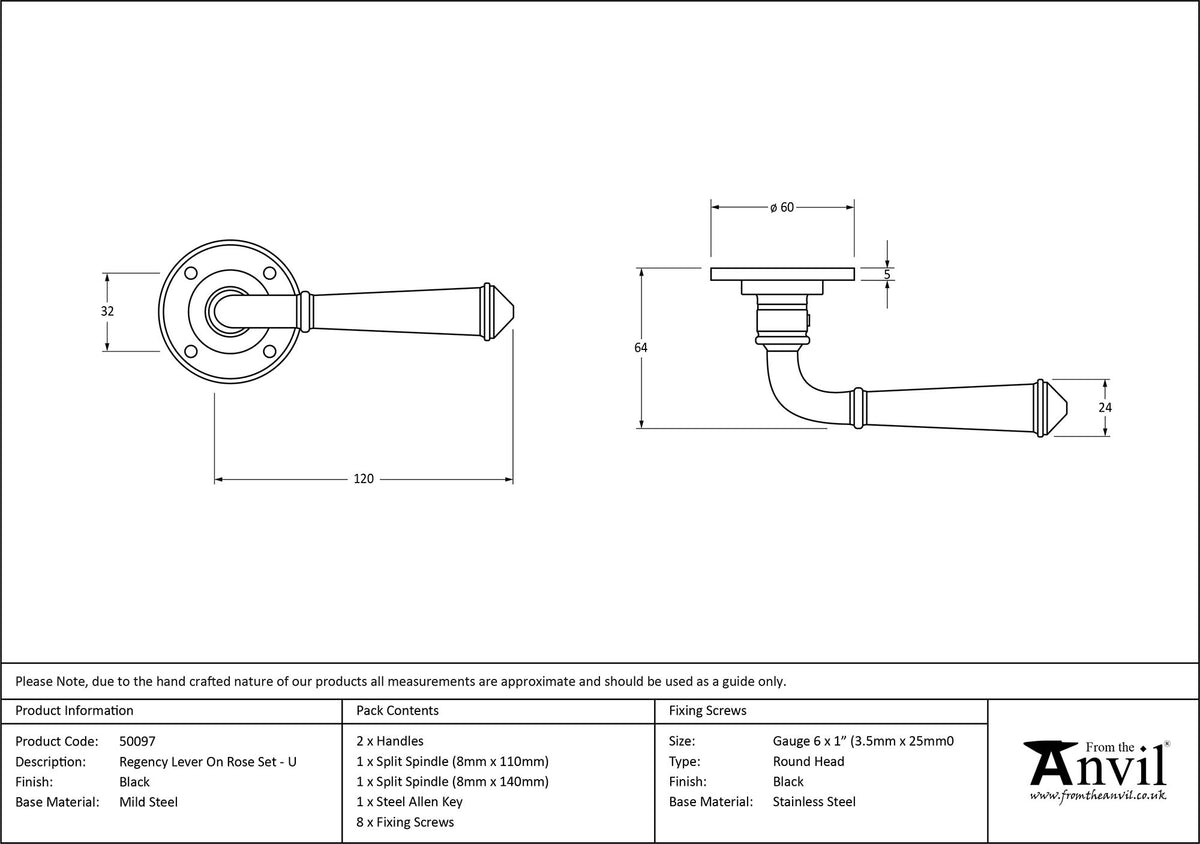 REGENCY LEVER HANDLE+ROSE UNSPRUNG 120x60x64 BLK - 50097 by MARCHES (ANVIL) ARCHITECTURAL HARDWARE