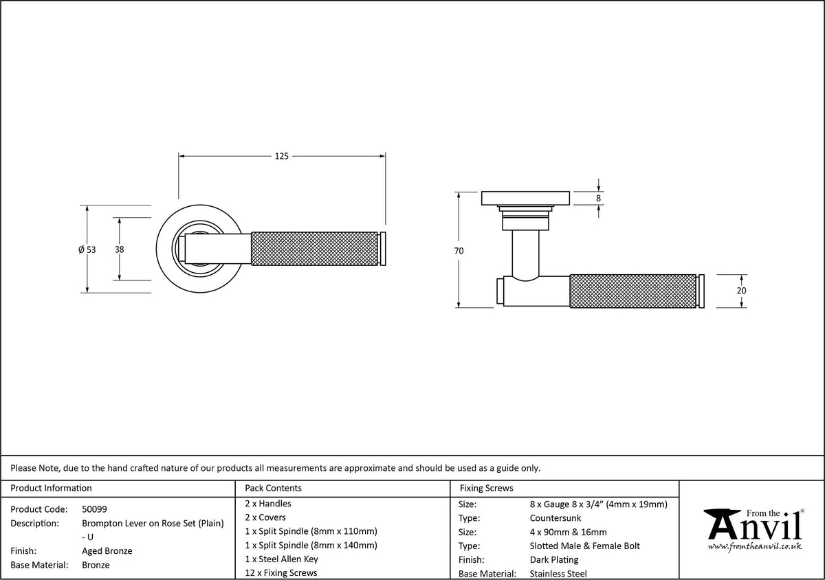BROMPTON LEVER HANDLE+ROSE UNSPRUNG PLAIN 125x53x70 AGBZ - 50099 by MARCHES (ANVIL) ARCHITECTURAL HARDWARE