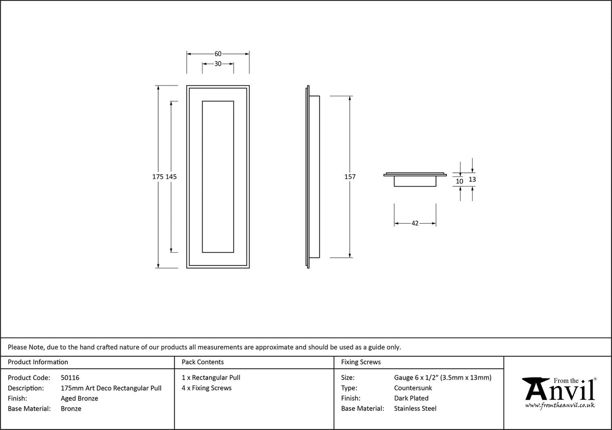 RECTANGULAR PULL ART DECO 175x60x13 AGBZ - 50116 by MARCHES (ANVIL) ARCHITECTURAL HARDWARE