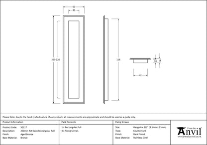 RECTANGULAR PULL ART DECO 250x60x13 AGBZ - 50117 by MARCHES (ANVIL) ARCHITECTURAL HARDWARE