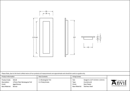 RECTANGULAR PULL PLAIN 175x60x13 AGBZ - 50118 by MARCHES (ANVIL) ARCHITECTURAL HARDWARE