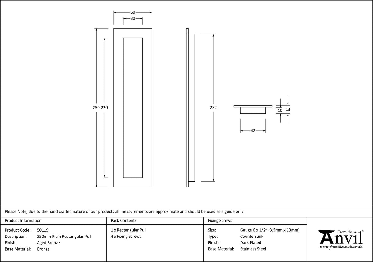 RECTANGULAR PULL PLAIN 250x60x13 AGBZ - 50119 by MARCHES (ANVIL) ARCHITECTURAL HARDWARE