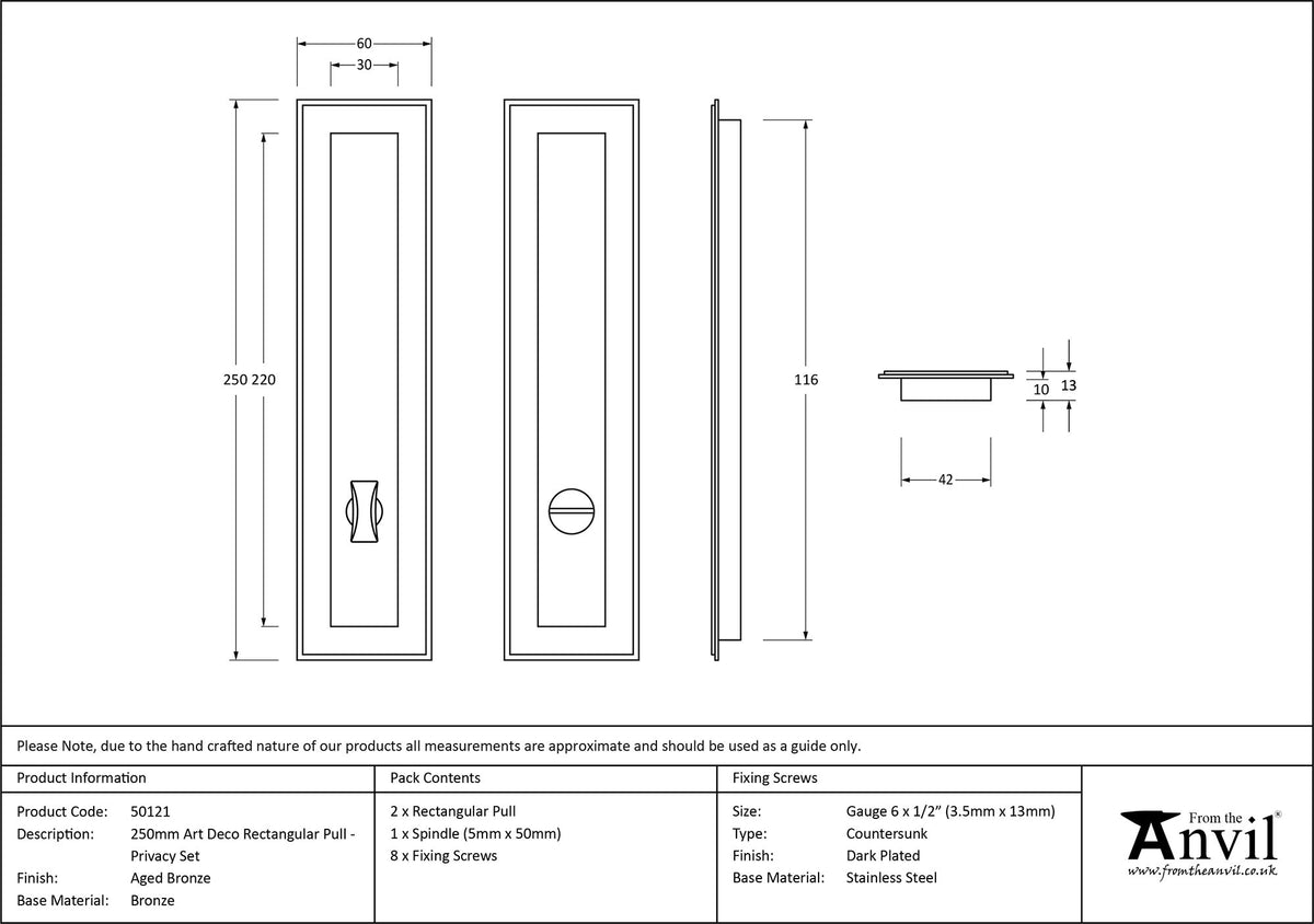 RECTANGULAR PULL PRIVACY ART DECO 250x60x13 AGBZ - 50121 by MARCHES (ANVIL) ARCHITECTURAL HARDWARE