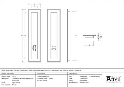 RECTANGULAR PULL PRIVACY ART DECO 250x60x13 AGBZ - 50121 by MARCHES (ANVIL) ARCHITECTURAL HARDWARE