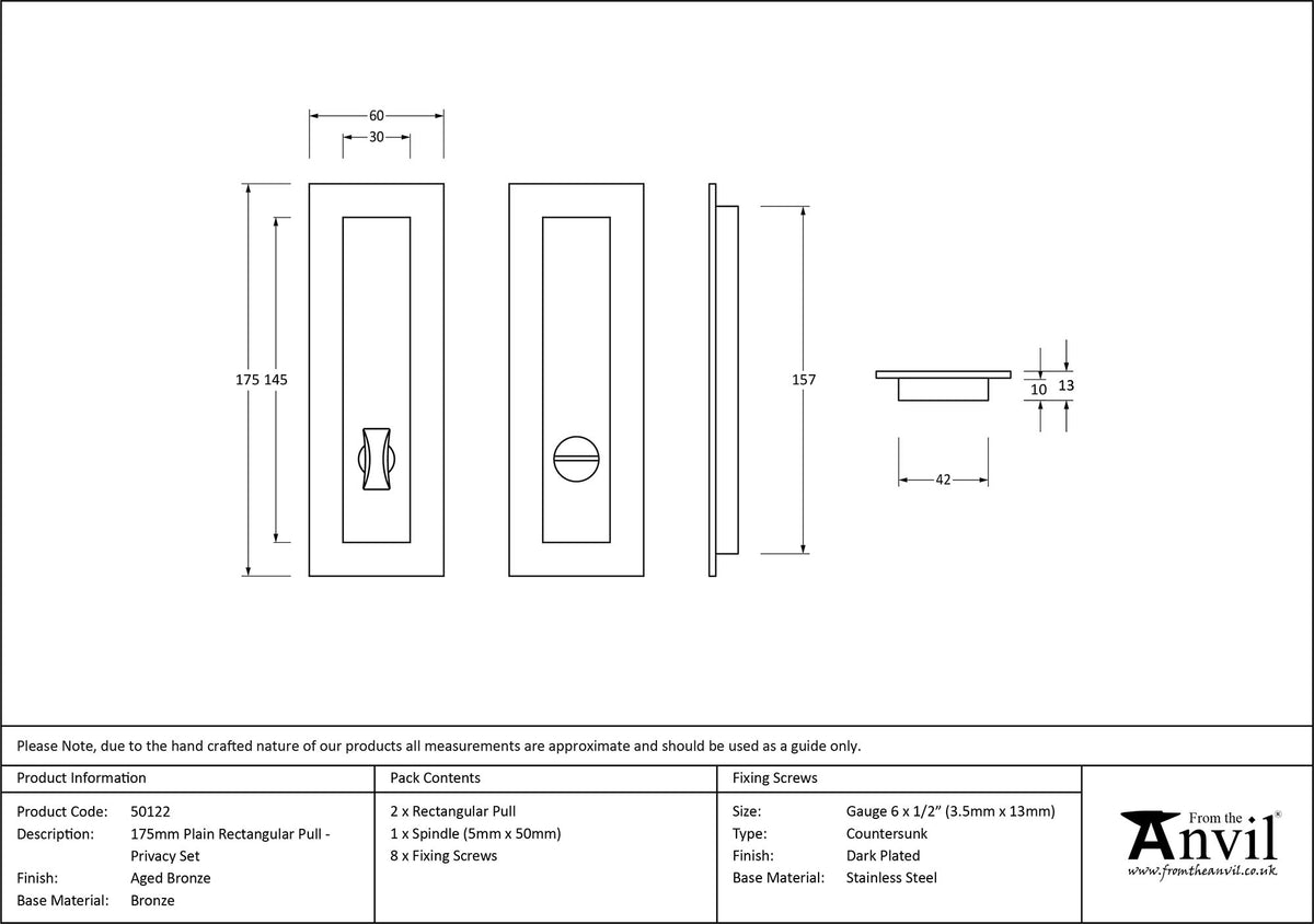 RECTANGULAR PULL PRIVACY PLAIN 175x60x13 AGBZ - 50122 by MARCHES (ANVIL) ARCHITECTURAL HARDWARE