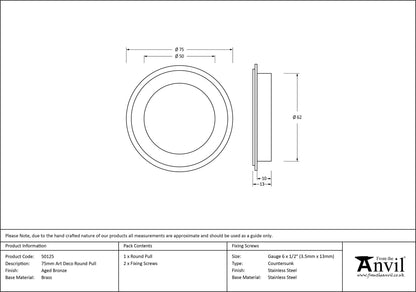 ROUND PULL ART DECO 75x13 AGBZ - 50125 by MARCHES (ANVIL) ARCHITECTURAL HARDWARE