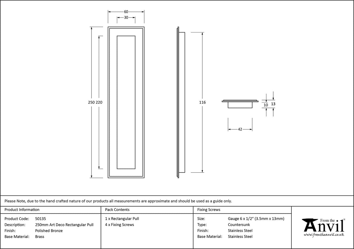 RECTANGULAR PULL ART DECO 250x60x13 PBZ - 50135 by MARCHES (ANVIL) ARCHITECTURAL HARDWARE