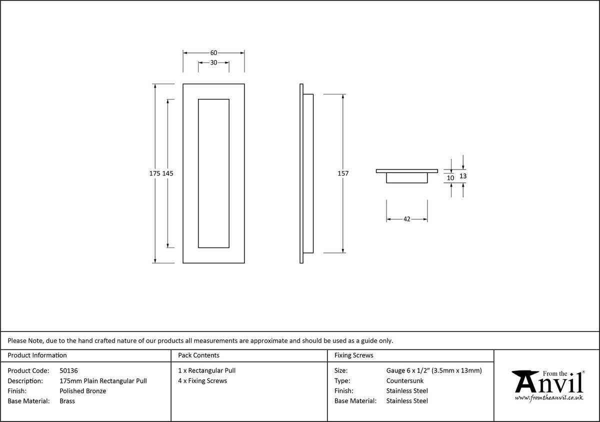RECTANGULAR PULL PLAIN 175x60x13 PBZ - 50136 by MARCHES (ANVIL) ARCHITECTURAL HARDWARE