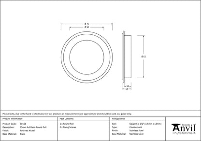 ROUND PULL ART DECO 75x13 PNP - 50161 by MARCHES (ANVIL) ARCHITECTURAL HARDWARE