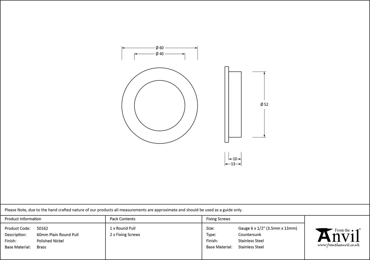ROUND PULL PLAIN 60x13 PNP - 50162 by MARCHES (ANVIL) ARCHITECTURAL HARDWARE