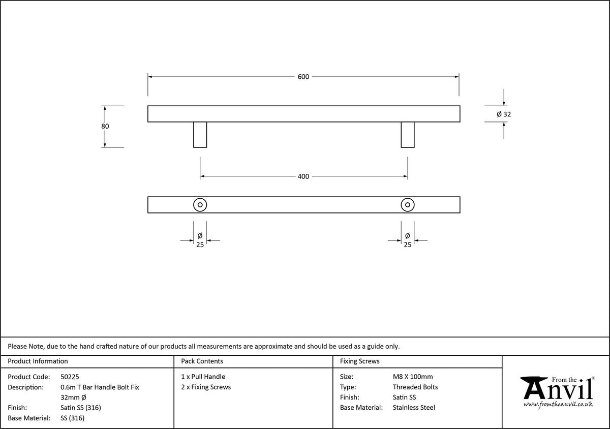 T-BAR HANDLE BOLT FIX 0400HC 32x0600x80 SMA - 50225 by MARCHES (ANVIL) ARCHITECTURAL HARDWARE