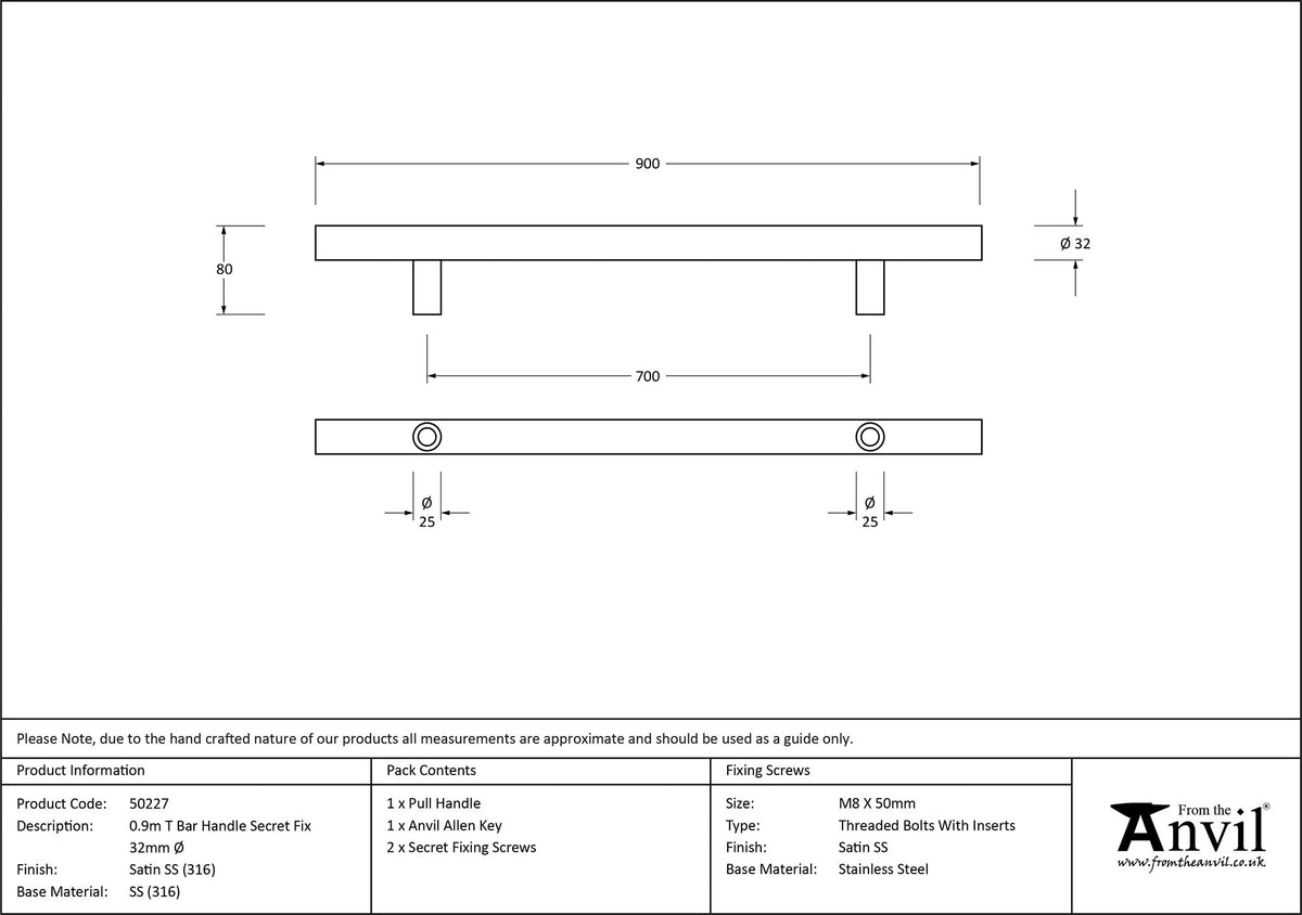 T-BAR HANDLE SECRET FIX 0700HC 32x0900x80 SMA - 50227 by MARCHES (ANVIL) ARCHITECTURAL HARDWARE