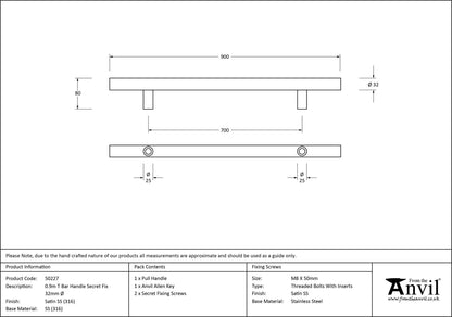 T-BAR HANDLE SECRET FIX 0700HC 32x0900x80 SMA - 50227 by MARCHES (ANVIL) ARCHITECTURAL HARDWARE