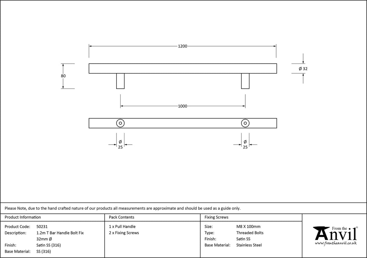 T-BAR HANDLE BOLT FIX 1000HC 32x1200x80 SMA - 50231 by MARCHES (ANVIL) ARCHITECTURAL HARDWARE