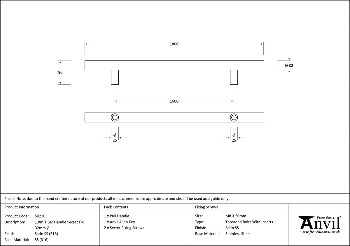 T-BAR HANDLE SECRET FIX 1600HC 32x1800x80 SMA - 50236 by MARCHES (ANVIL) ARCHITECTURAL HARDWARE
