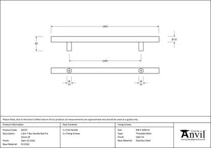 T-BAR HANDLE BOLT FIX 1600HC 32x1800x80 SMA - 50237 by MARCHES (ANVIL) ARCHITECTURAL HARDWARE