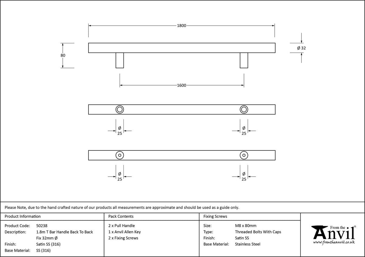 T-BAR HANDLE B2B FIX 1600HC 32x1800x80 SMA - 50238 by MARCHES (ANVIL) ARCHITECTURAL HARDWARE