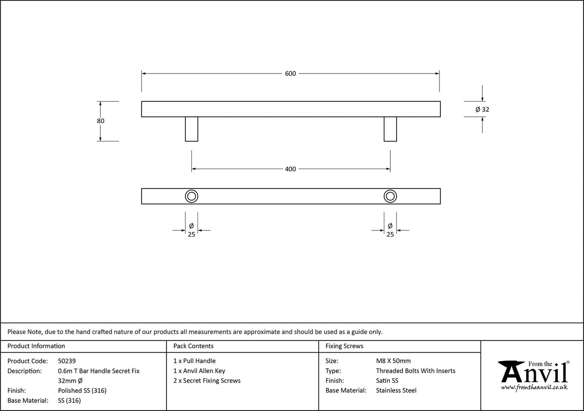 T-BAR HANDLE SECRET FIX 0400HC 32x0600x80 PMA - 50239 by MARCHES (ANVIL) ARCHITECTURAL HARDWARE