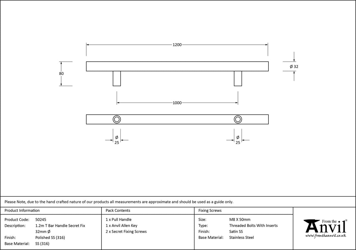 T-BAR HANDLE SECRET FIX 1000HC 32x1200x80 PMA - 50245 by MARCHES (ANVIL) ARCHITECTURAL HARDWARE