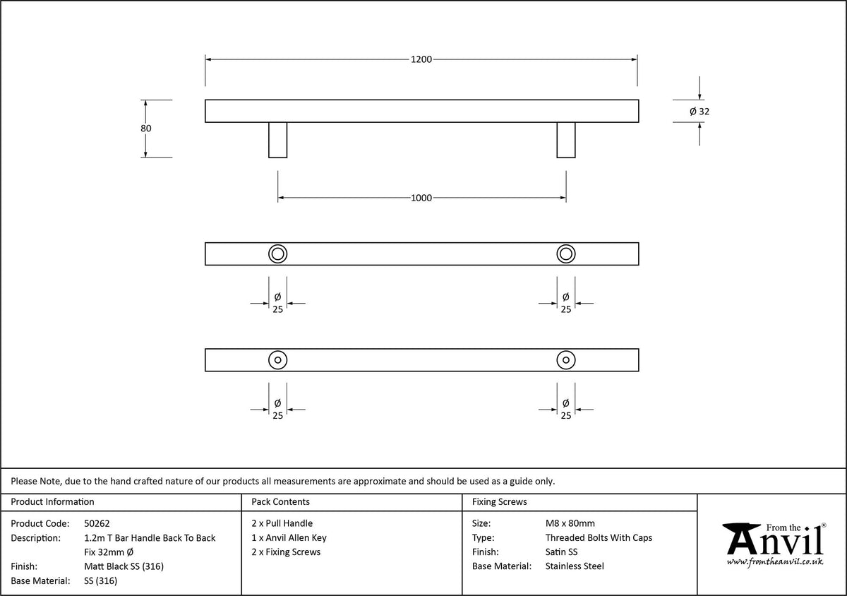 T-BAR HANDLE B2B FIX 1000HC 32x1200x80 MBK - 50262 by MARCHES (ANVIL) ARCHITECTURAL HARDWARE